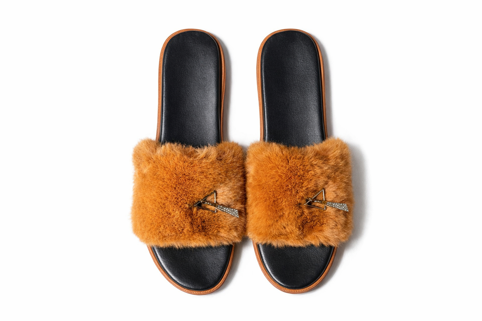 Faux Fur Flat Slide Sandals with Decorative Accent